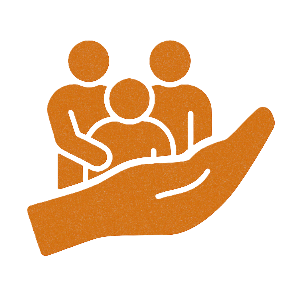 大きな手のひらに人々が居るイラスト